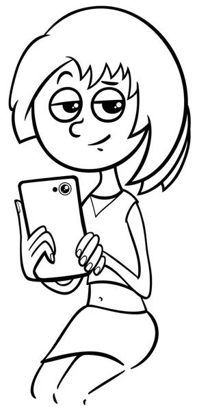 Fille avec téléphone coloriage — Image vectorielle