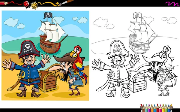 Piratas con página para colorear tesoro — Vector de stock