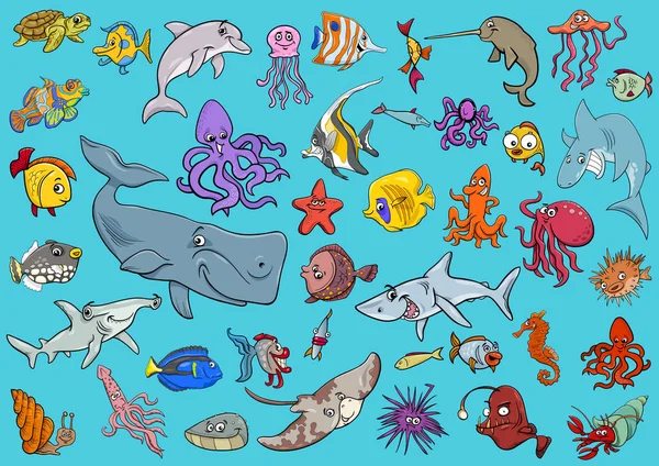 Θάλασσα ζωή ζώα γελοιογραφία σύνολο — Διανυσματικό Αρχείο