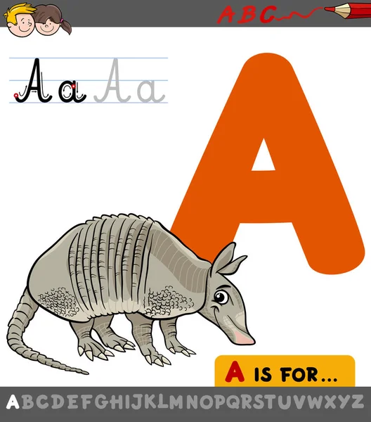 Letra a con armadillo de dibujos animados — Vector de stock