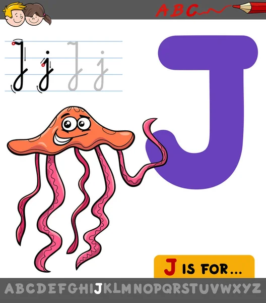 Letra j con medusas de dibujos animados — Vector de stock