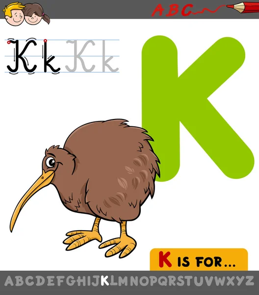 Letra k con dibujos animados kiwi pájaro — Vector de stock