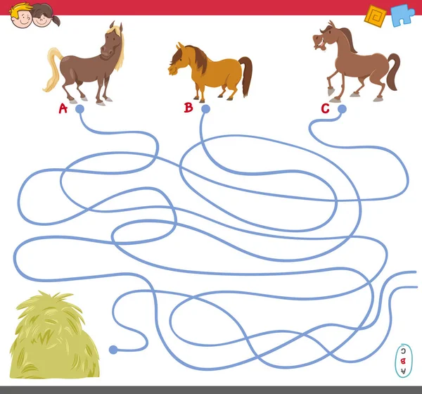 Laberinto juego con personajes de caballo — Vector de stock