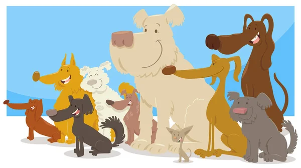 Glücklich sitzende Hunde Gruppe Karikatur — Stockvektor