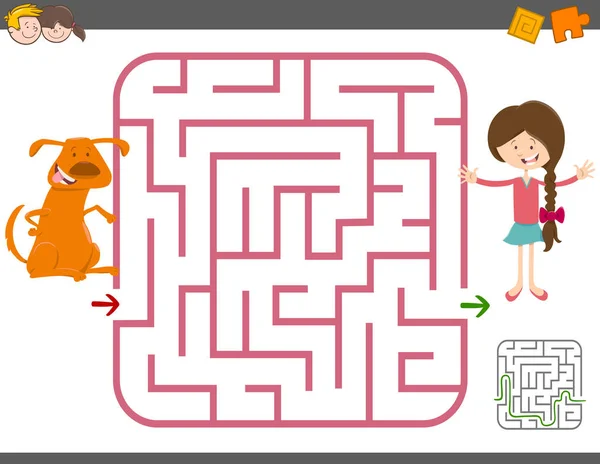 Jeu de labyrinthe avec fille et chien — Image vectorielle