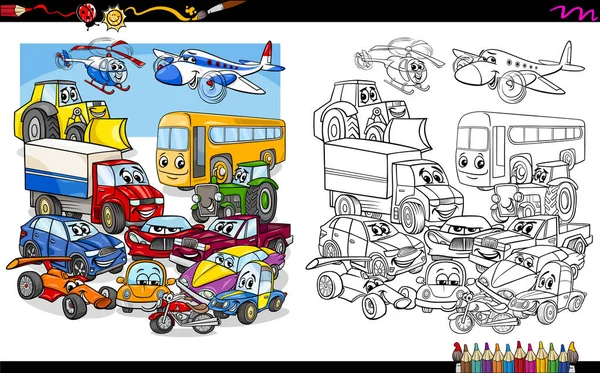 Transport vehicles group coloring page — Stock Vector
