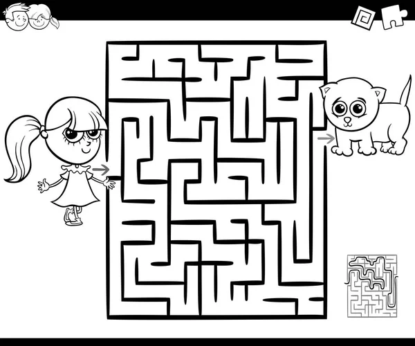 Labyrint med flicka och katt för färgläggning — Stock vektor