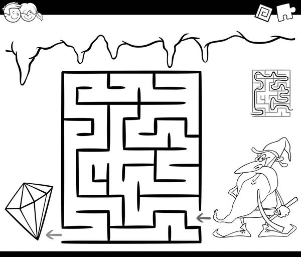 Labyrinth mit Zwerg und Edelstein zum Ausmalen — Stockvektor