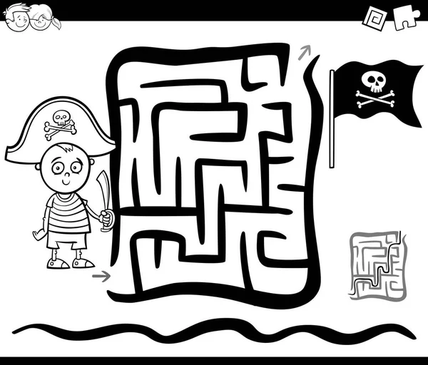 Labirinto com pirata menino colorir página — Vetor de Stock