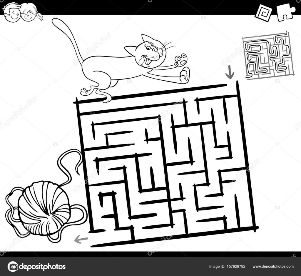 Fumetto in bianco e nero del labirinto di educazione o gioco di labirinto per bambini con gatto e gomitolo di lana da colorare — Vettoriali di izakowski