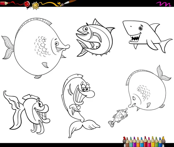 Desenho animado conjunto de peixes livro para colorir — Vetor de Stock