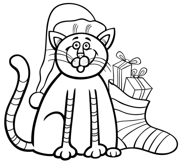Cat and Christmas sock coloring book — Stock Vector
