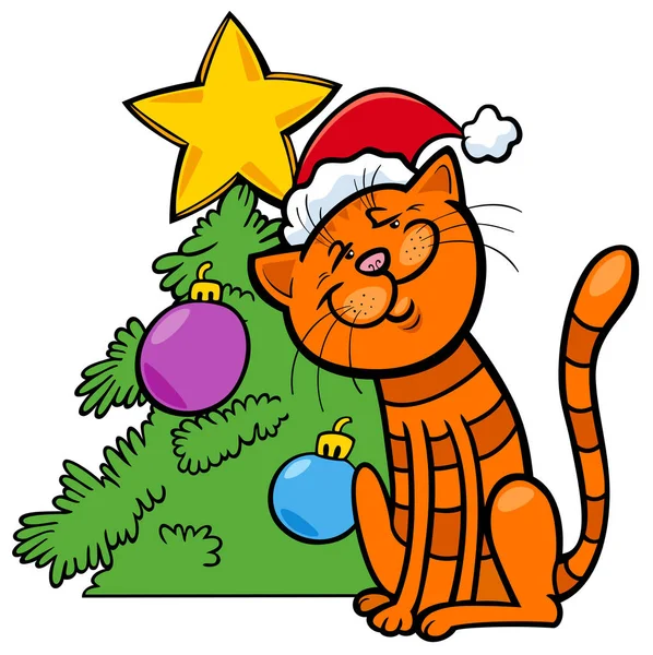 Katze mit Weihnachtsbaum Cartoon — Stockvektor