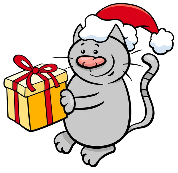 Katze mit Weihnachtsgeschenk Cartoon — Stockvektor