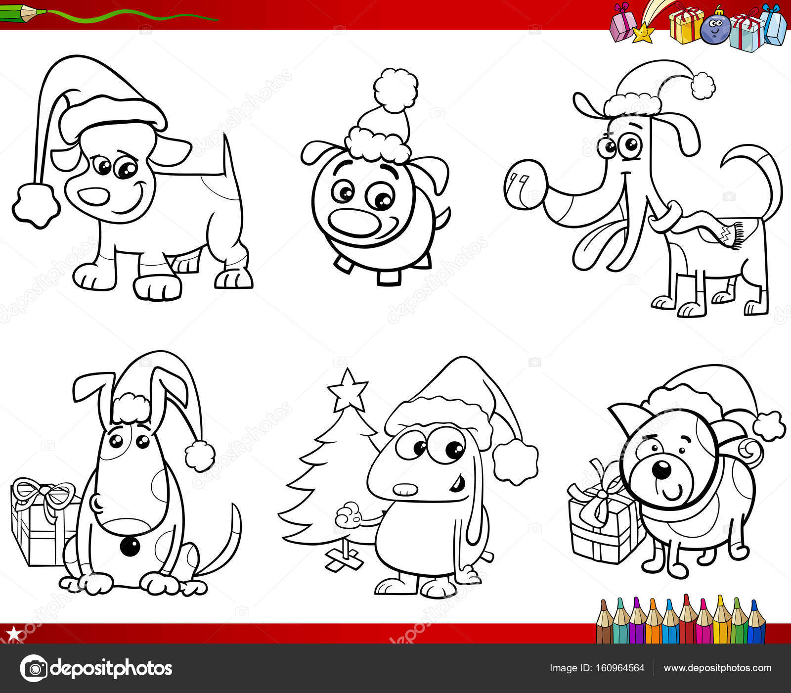 Disegni da colorare libro del fumetto in bianco e nero Set di personaggi animali cani su Natale — Vettoriali di izakowski