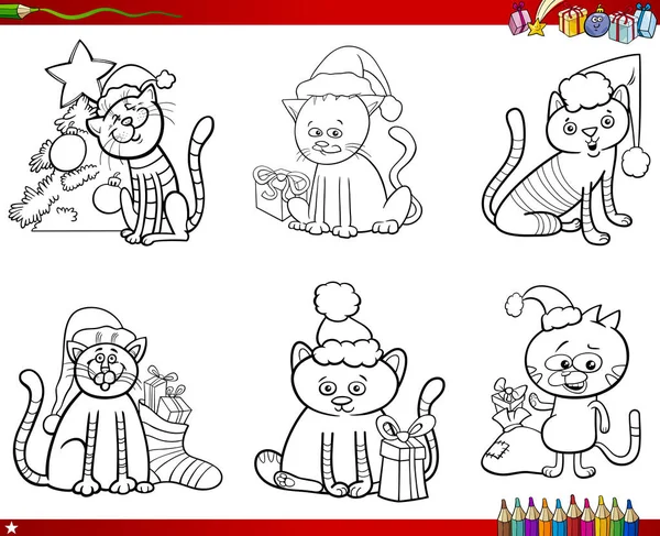 Gatos no livro de colorir conjunto de Natal —  Vetores de Stock