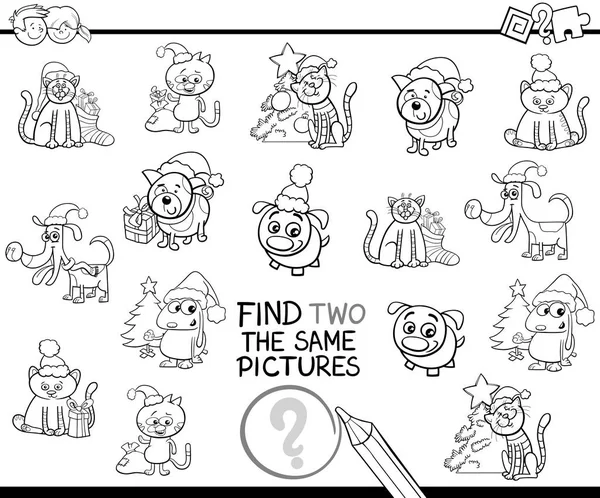 Find identical items coloring page with Xmas pets — Stock Vector