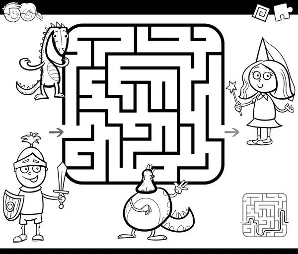 Labyrinth-Aktivitätsspiel mit Fantasy-Figuren — Stockvektor
