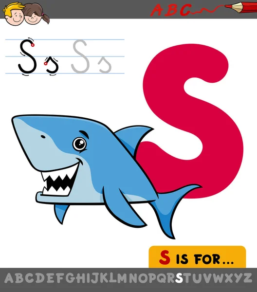 Letra s con peces tiburón de dibujos animados — Vector de stock