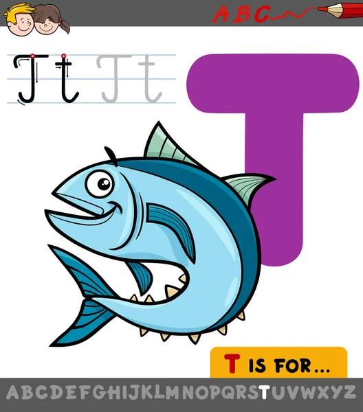 Alfabet t met cartoon tonijn — Stockvector