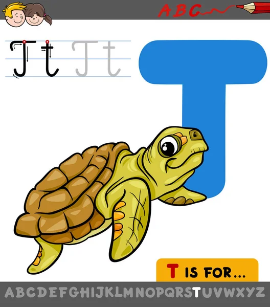 Letra t con animal de tortuga de dibujos animados — Vector de stock