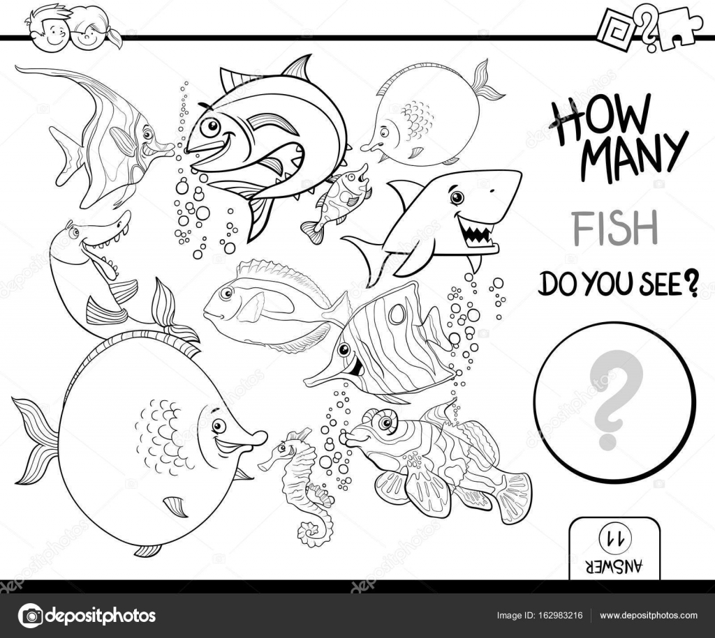 Fumetto in bianco e nero del gioco attivit  conteggio educativo per i bambini con pesce di mare vita animale personaggi da colorare — Vettoriali di