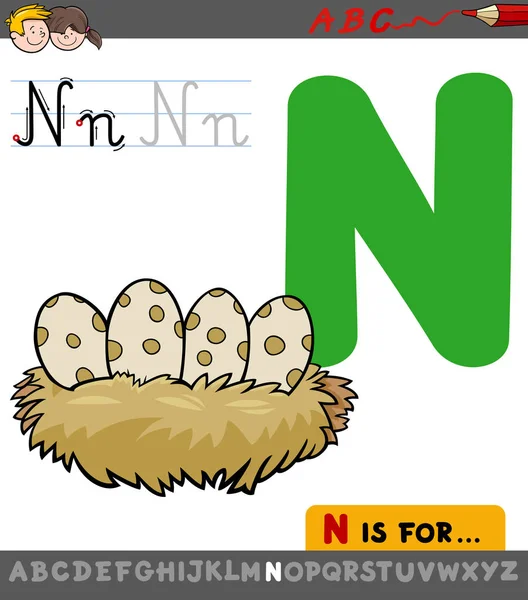 Lettera n con nido di uccelli dei cartoni animati — Vettoriale Stock