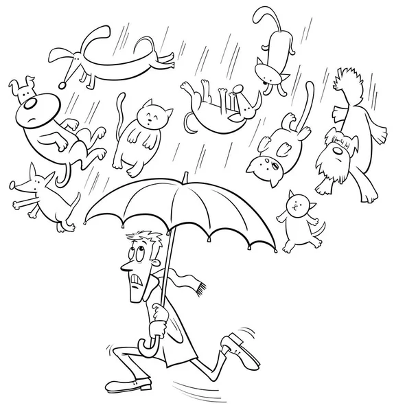 漫画イラストの猫や犬を雨が降っています。 — ストックベクタ