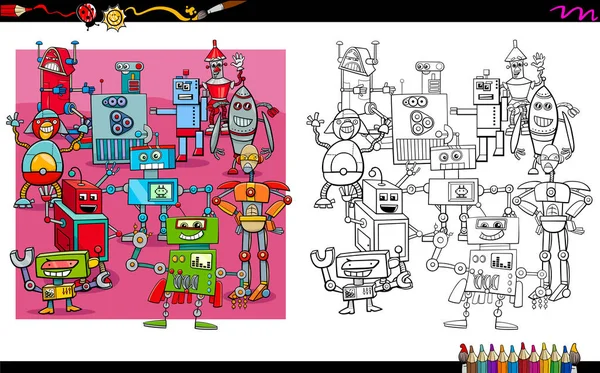 Robot characters group coloring book — Stock Vector