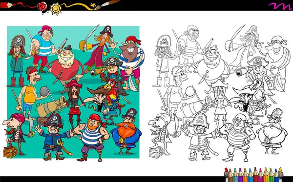 Pirate characters group coloring book — Stock Vector