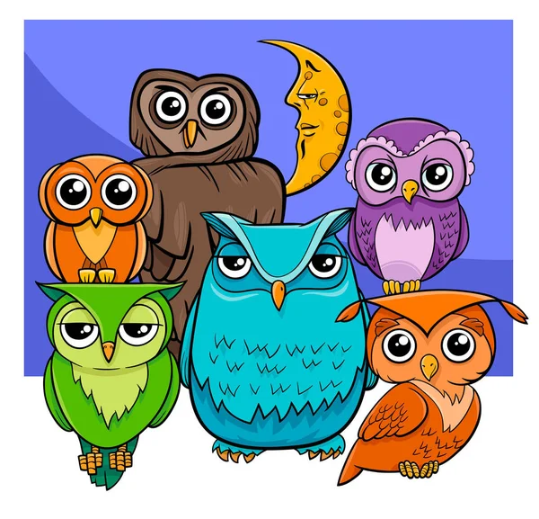 Owls group cartoon animal characters — Stock Vector