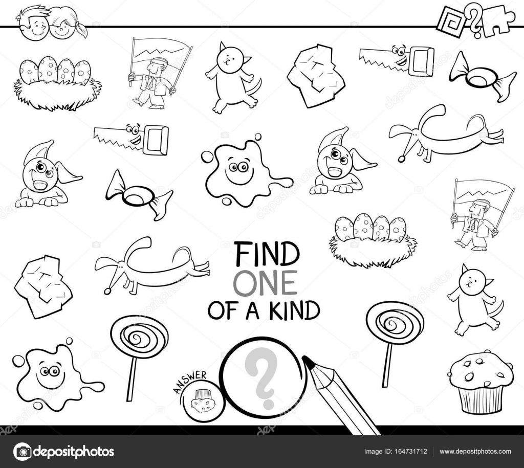 Illustration Cartoon noir et blanc de trouver un d une aimable activité éducative pour les enfants avec des images droles Coloriage — Vecteur par izakowski