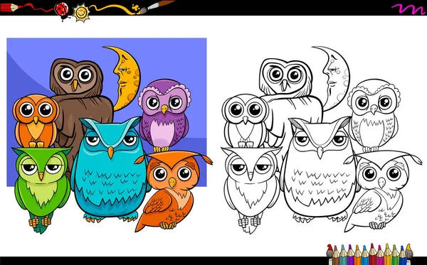 Owls bird characters group coloring book — Stock Vector