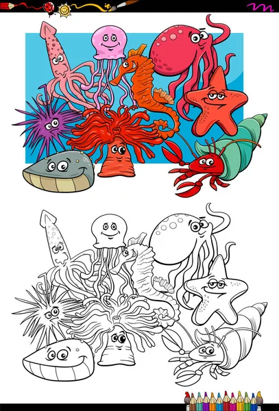 Vida marina animales personajes para colorear libro — Vector de stock