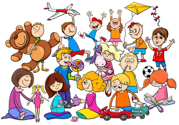 Kindergruppe spielt mit Spielzeug Karikatur — Stockvektor