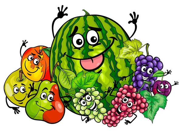 Funny fruit characters group cartoon — Stock Vector