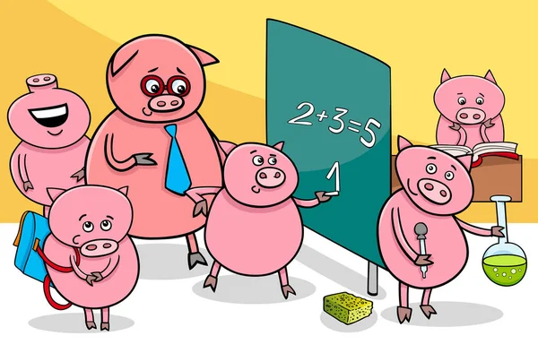 学校で子豚の漫画のキャラクター — ストックベクタ