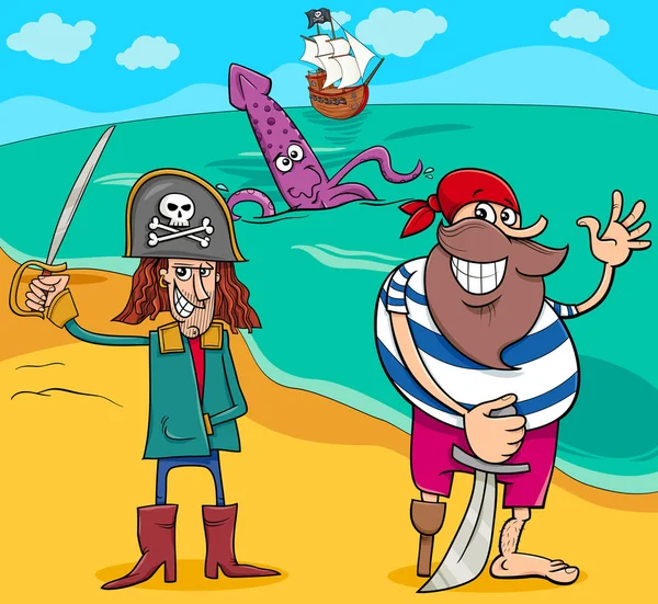 Pirater på ön tecknad illustration — Stock vektor