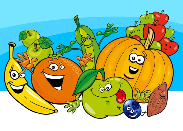 Personnages de légumes et de fruits de dessin animé — Image vectorielle