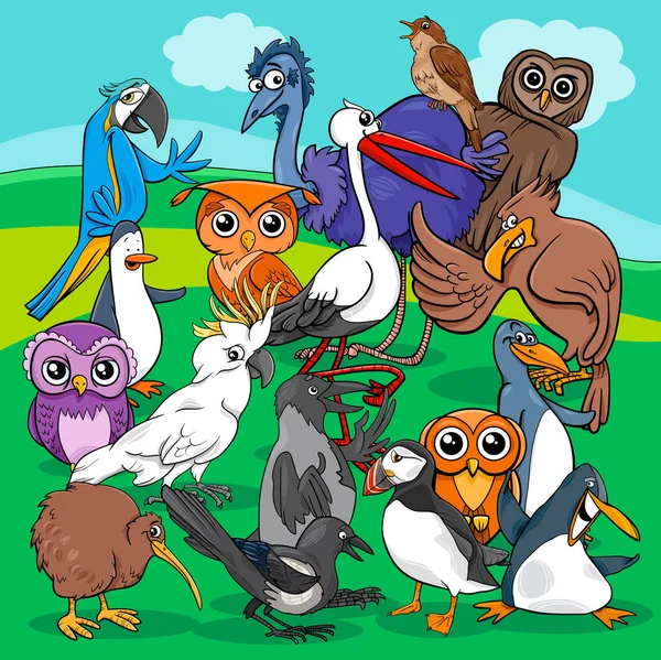 Ilustración de dibujos animados grupo de aves — Vector de stock