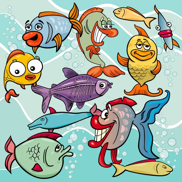 Drôle de poisson bande dessinée personnages groupe — Image vectorielle