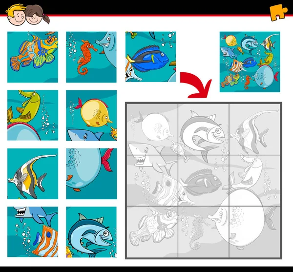 Teka-teki jigsaw dengan karakter kehidupan laut - Stok Vektor