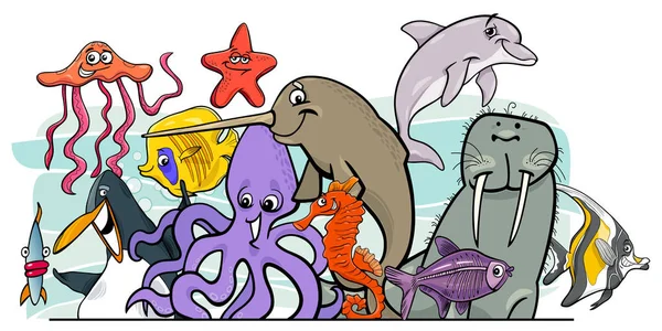Çizgi film deniz hayat hayvan karakter grubu — Stok Vektör