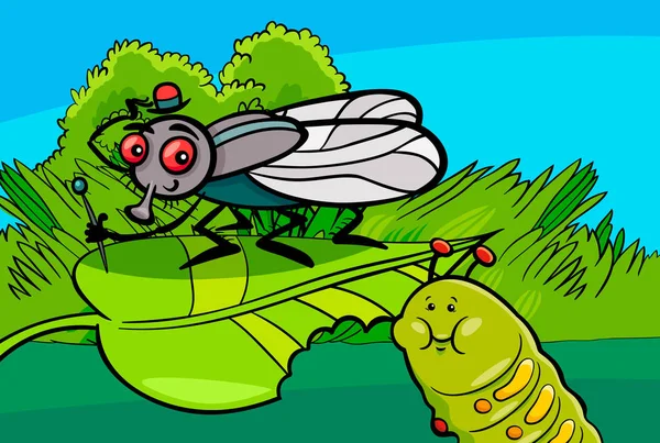 Mosca y oruga personajes de dibujos animados insectos — Vector de stock