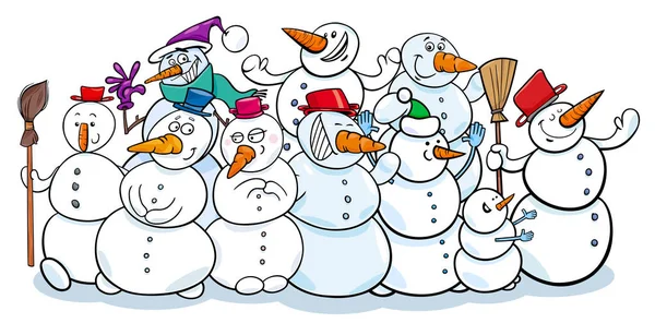 Happy snowmen group cartoon illustration — Stock Vector