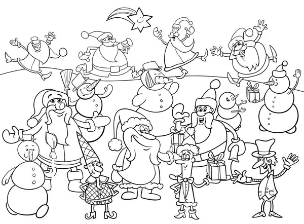 Christmas characters group coloring book — Stock Vector