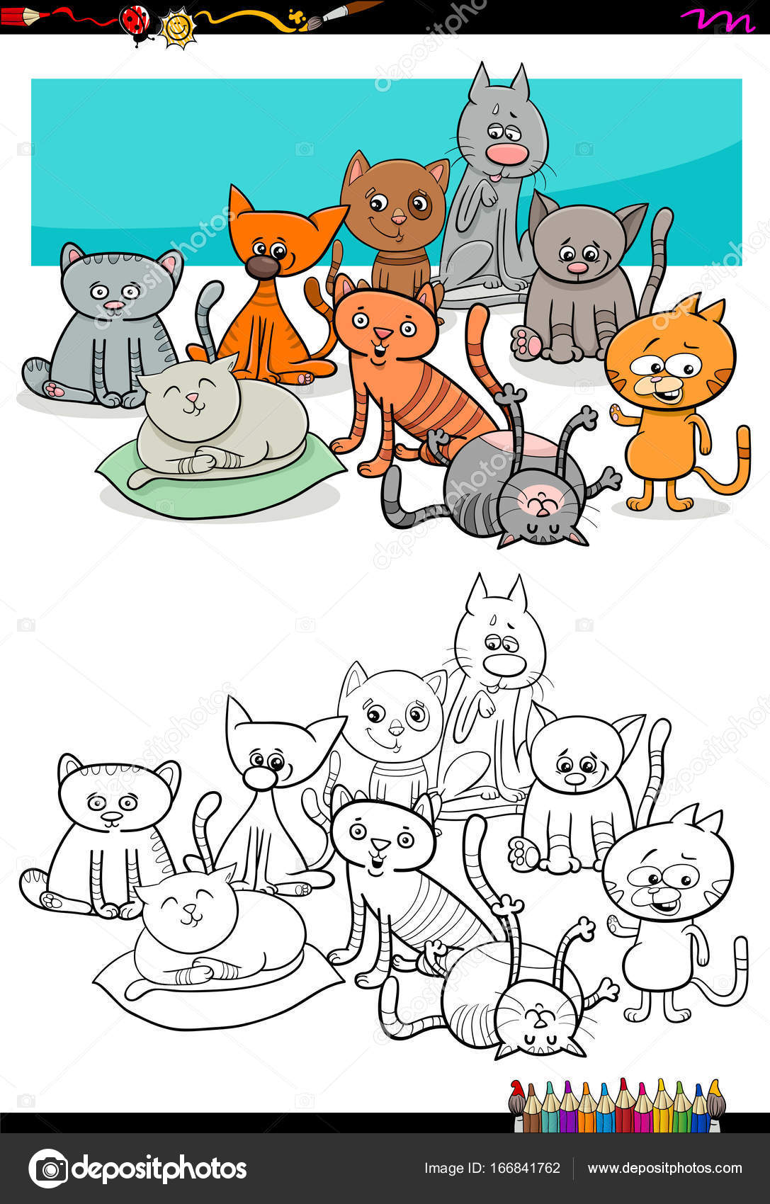 Illustrazione del fumetto del gruppo di caratteri animali gattini da colorare libro attivit  — Vettoriali di izakowski