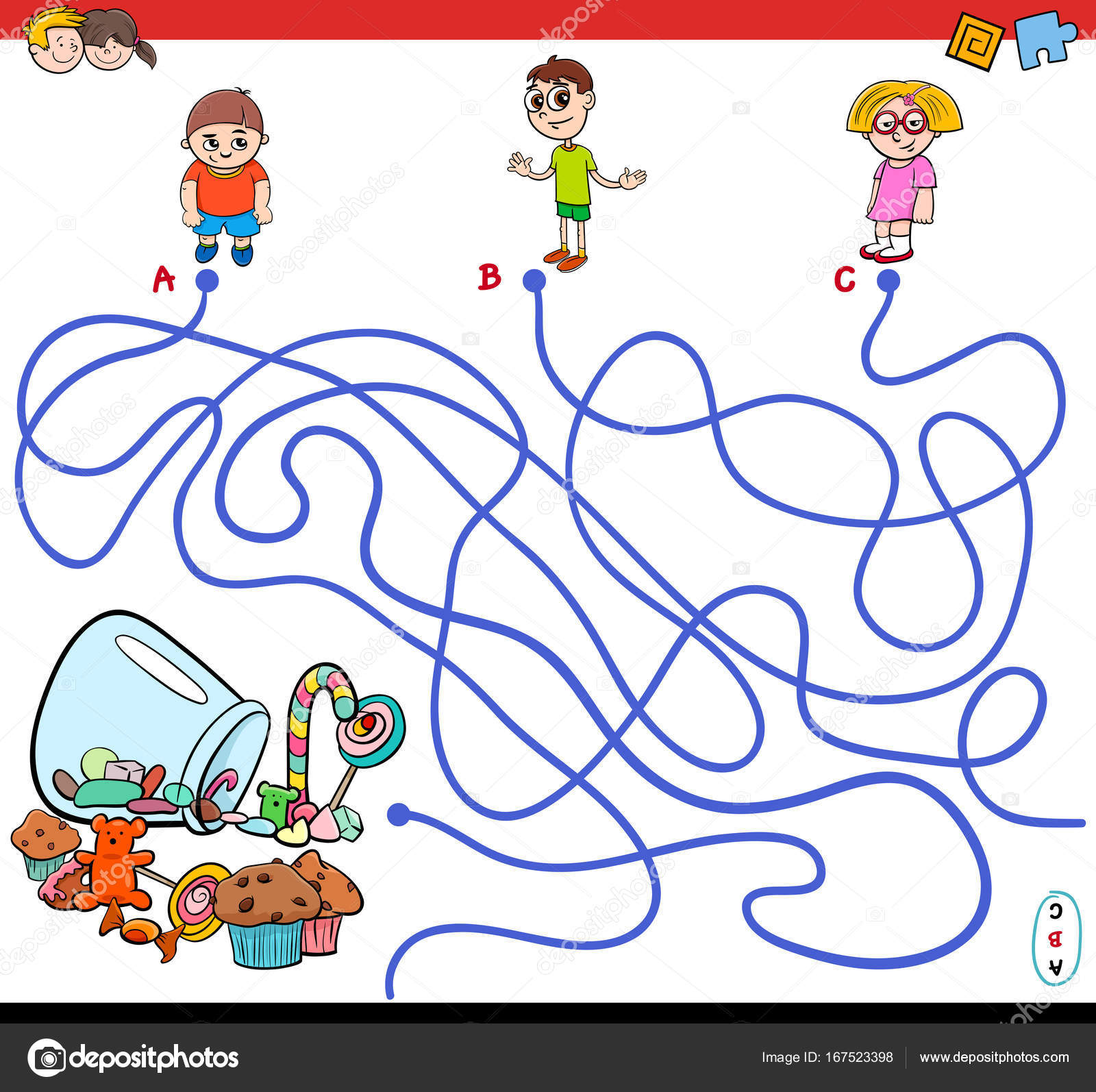 Gioco del labirinto percorsi del fumetto con i bambini e caramelle — Vettoriale Stock