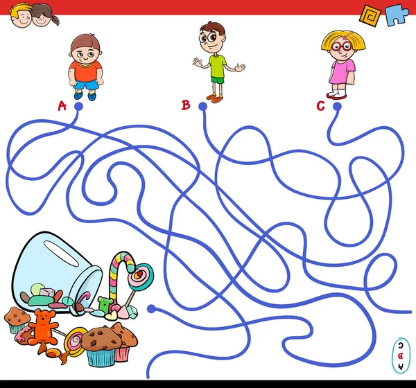 Caminos de dibujos animados juego de laberinto con niños y dulces — Vector de stock