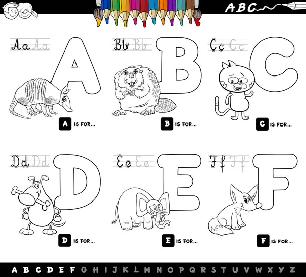 Letras educativas alfabeto de dibujos animados para colorear — Vector de stock